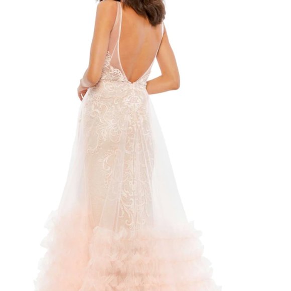 MAC DUGGAL 11183 LACE RUFFLE TIERED SLEEVELESS PLUNGE NECK PEACH GOWN sz 8 - Picture 2 of 8
